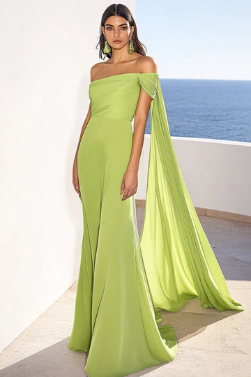 Green Chiffon Mermaid Long Formal Dress with Streamer